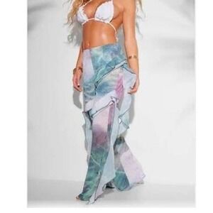 PrettyLittleThing Multi Water Print Frill Beach Trousers 0 Festival‎ Coverup NWT
